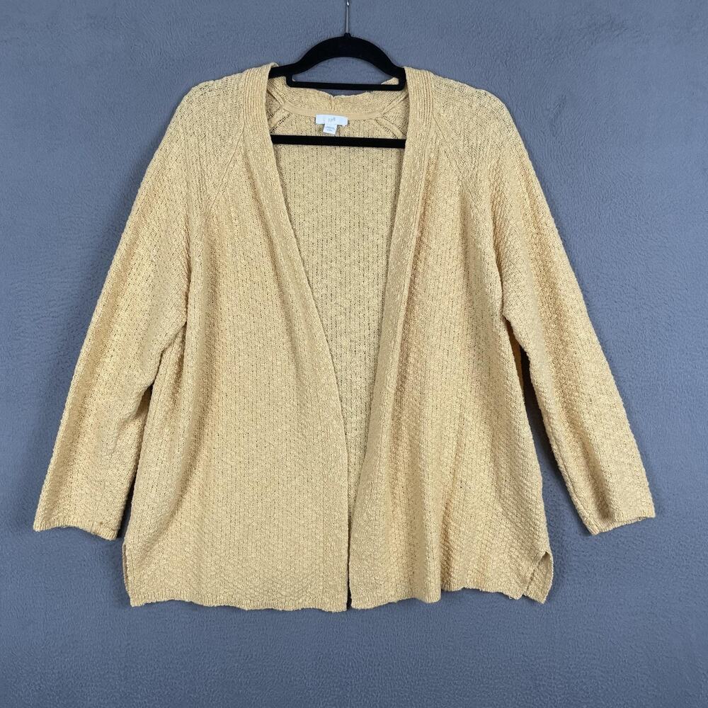 J Jill Sweater Womens Large Petite Yellow Open Front Cotton Boucle Cardigan